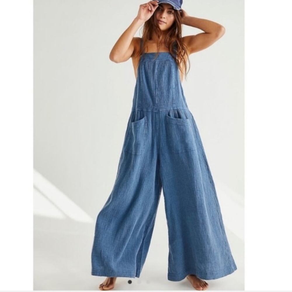Free People Cyprus Ave overalls wide leg jumpsuit cotton gauze blue XS bohemian